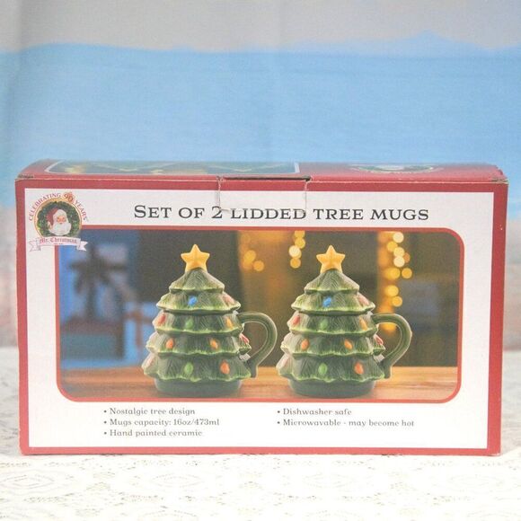 Mr Christmas Lidded Tree Mugs 16 oz Hand Painted Ceramic - Picture 5 of 5